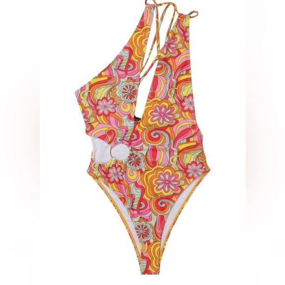 Boohoo NWOT Women’s SZ 12 70s Floral Bandeau Cheeky High Cut One Piece Swimsuit - Picture 3 of 8